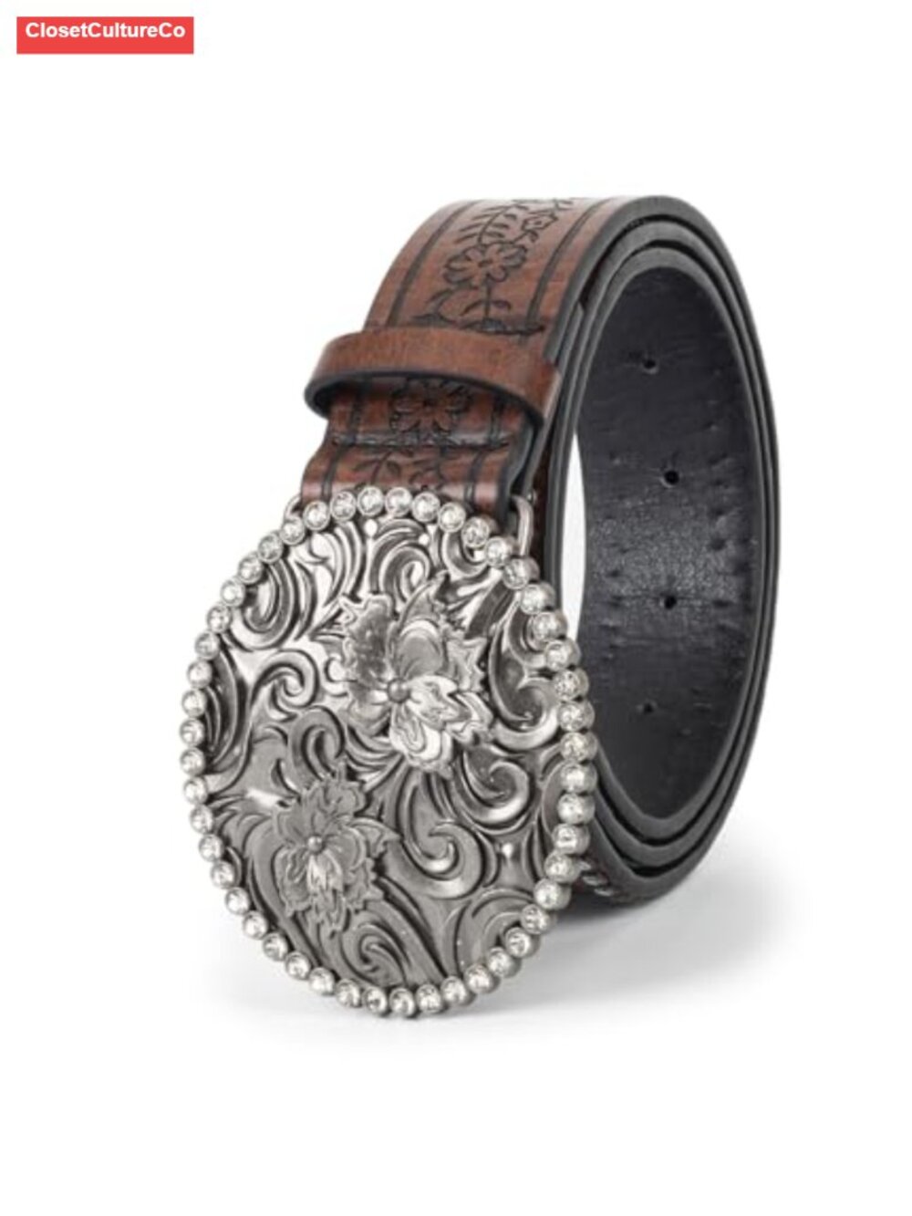 Western Belt Rhinestone Flower Buckle PU Leather Adjustable